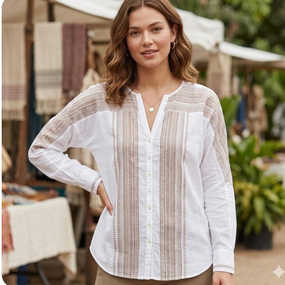 Sundance Embroidered Button Up Peasant Boho Tunic Top Size 12 Western Aztec EUC